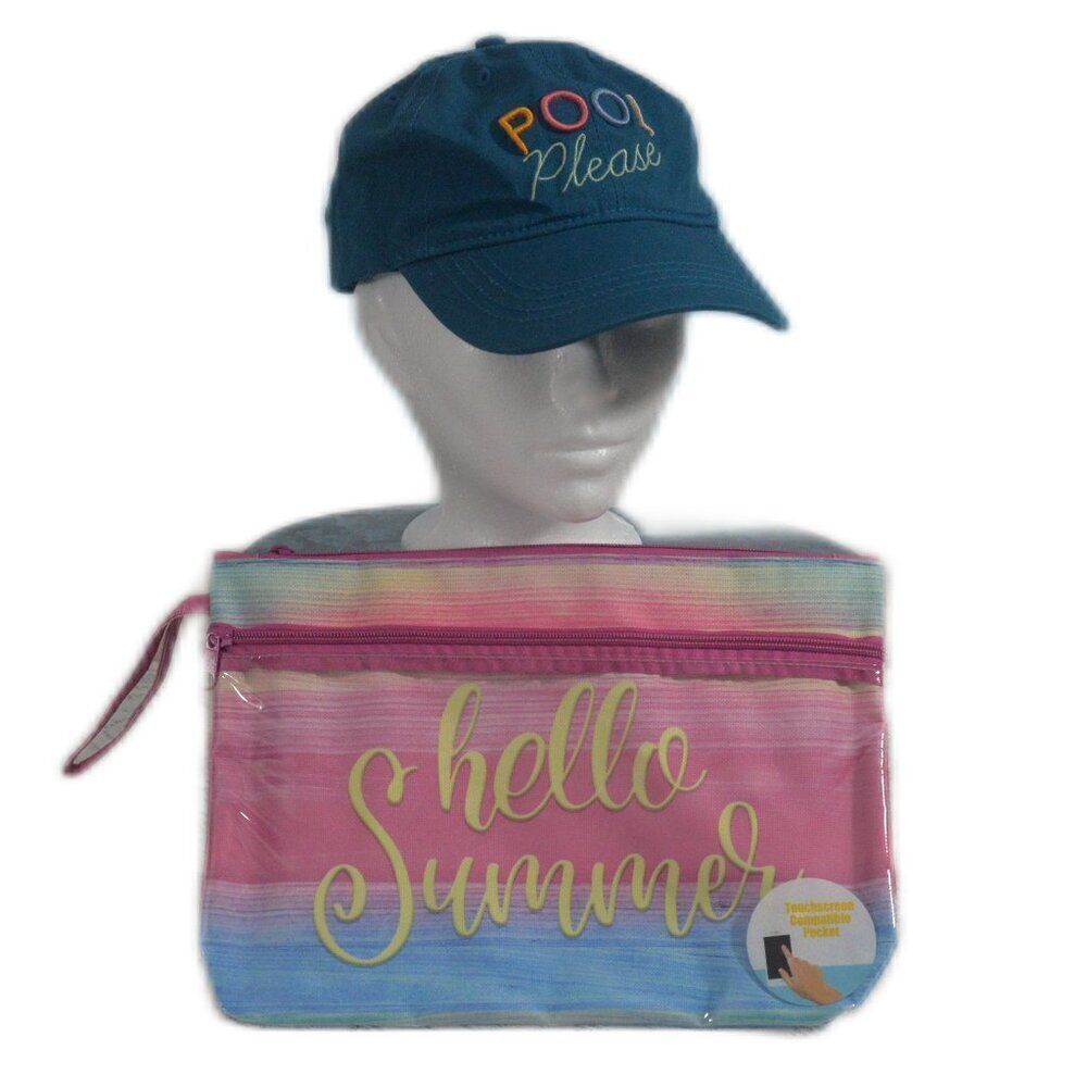 Pool Please Adjustable Hat and Hello Summer Swimsuit Sack w Touchscreen Pocket